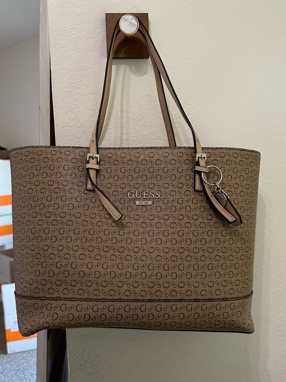 GUESS Tan/Brown Monogram Tote with Logo Plaque
